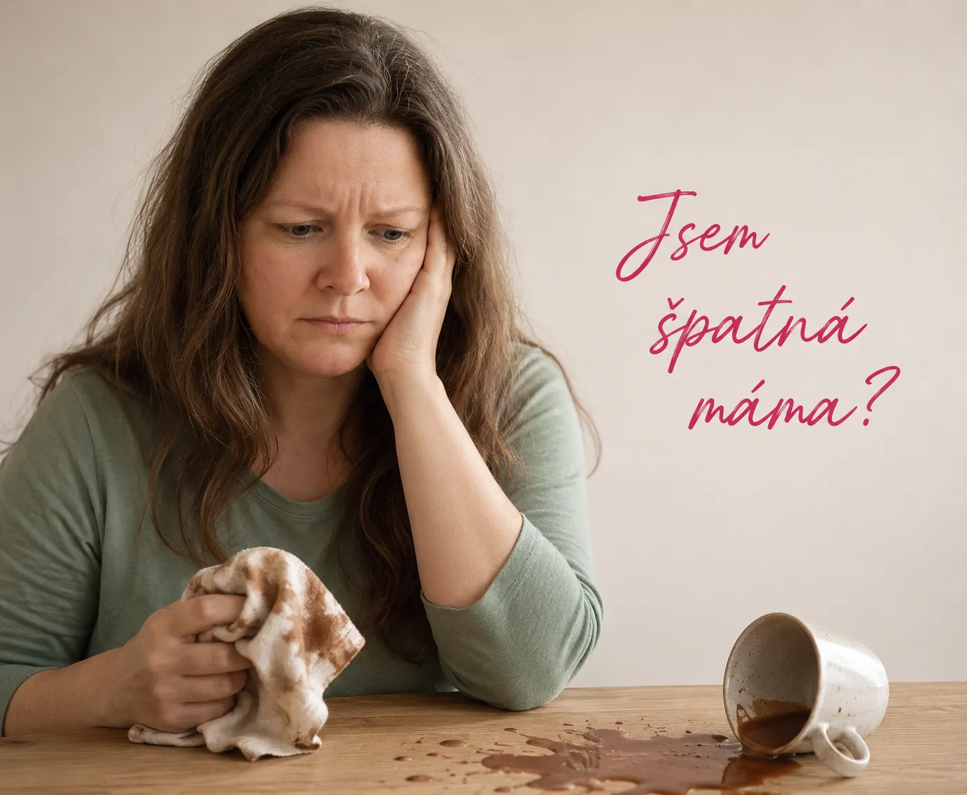 Jsem špatná máma? Žena sedí smutně nad rozlitým kakaem.